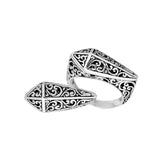 Handcrafted Sterling Silver shield ring with Balinese oxidized filigree design
